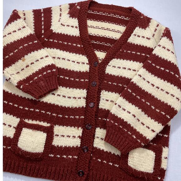 Vintage Knit V Neck Cardigan Stripped size L Brown White Button - Picture 1 of 11